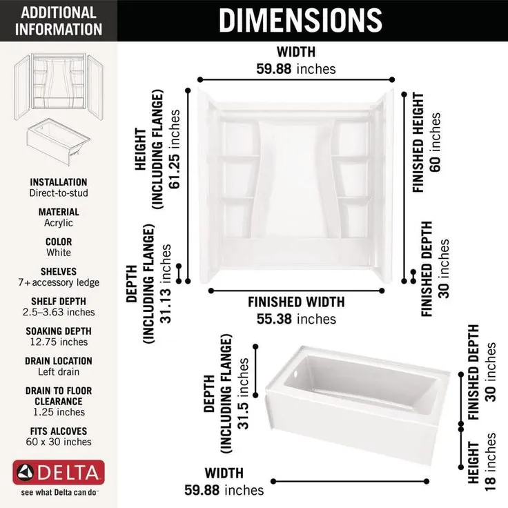 Delta Classic 500 60 in. x 30 in. Alcove Left Drain Bathtub and Wall Surrounds in High Gloss White, photo 3 of 8