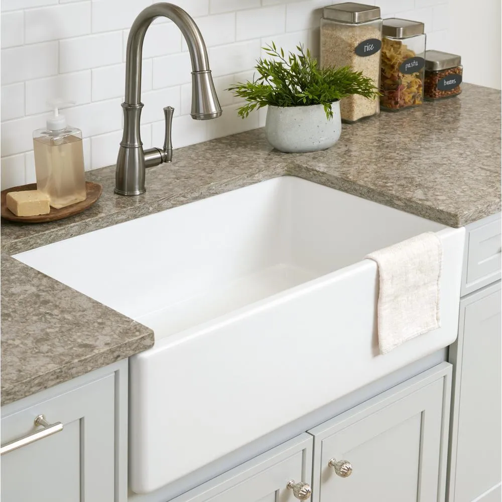 Bradstreet II Farmhouse Fireclay 30 in. Single Bowl Kitchen Sink with Strainer Drain in Crisp White, photo 6 of 13