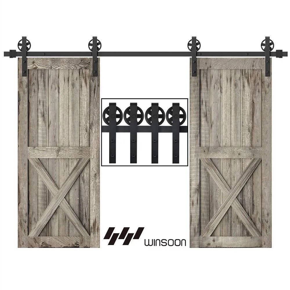 WINSOON 12 ft. /144 in. Frosted Black Sliding Barn Door Track and Hardware Kit for Double Doors with Non-Routed Floor Guide, photo 2 of 7