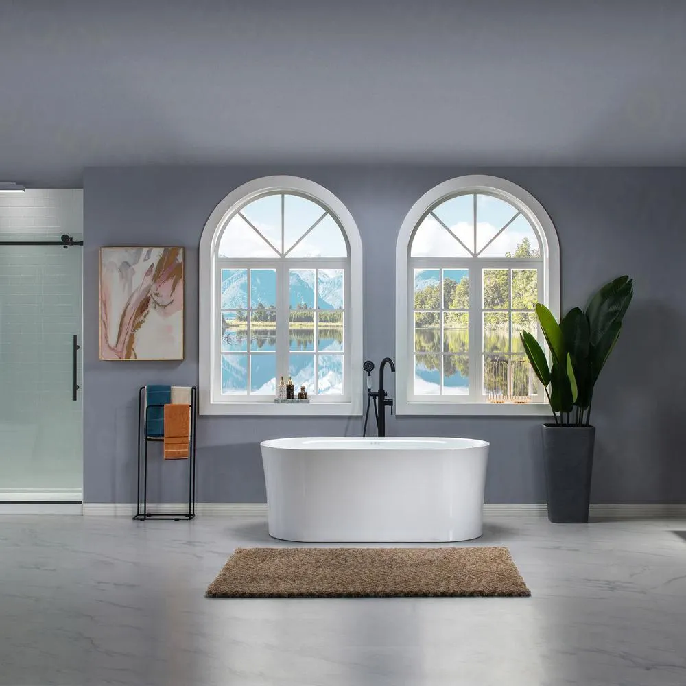WOODBRIDGE Tion 59 in. Acrylic Freestanding Double-Ended Air Bath Bathtub with Chrome Drain and Overflow, White, photo 5 of 18