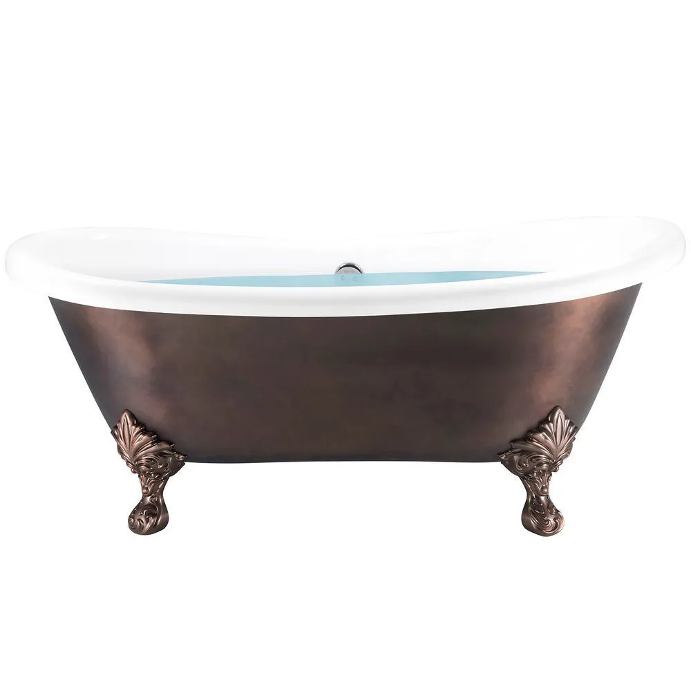 69 in. Fiberglass Double Slipper Clawfoot Non-Whirlpool Bathtub in Matte Antique Brass, photo 3 of 9