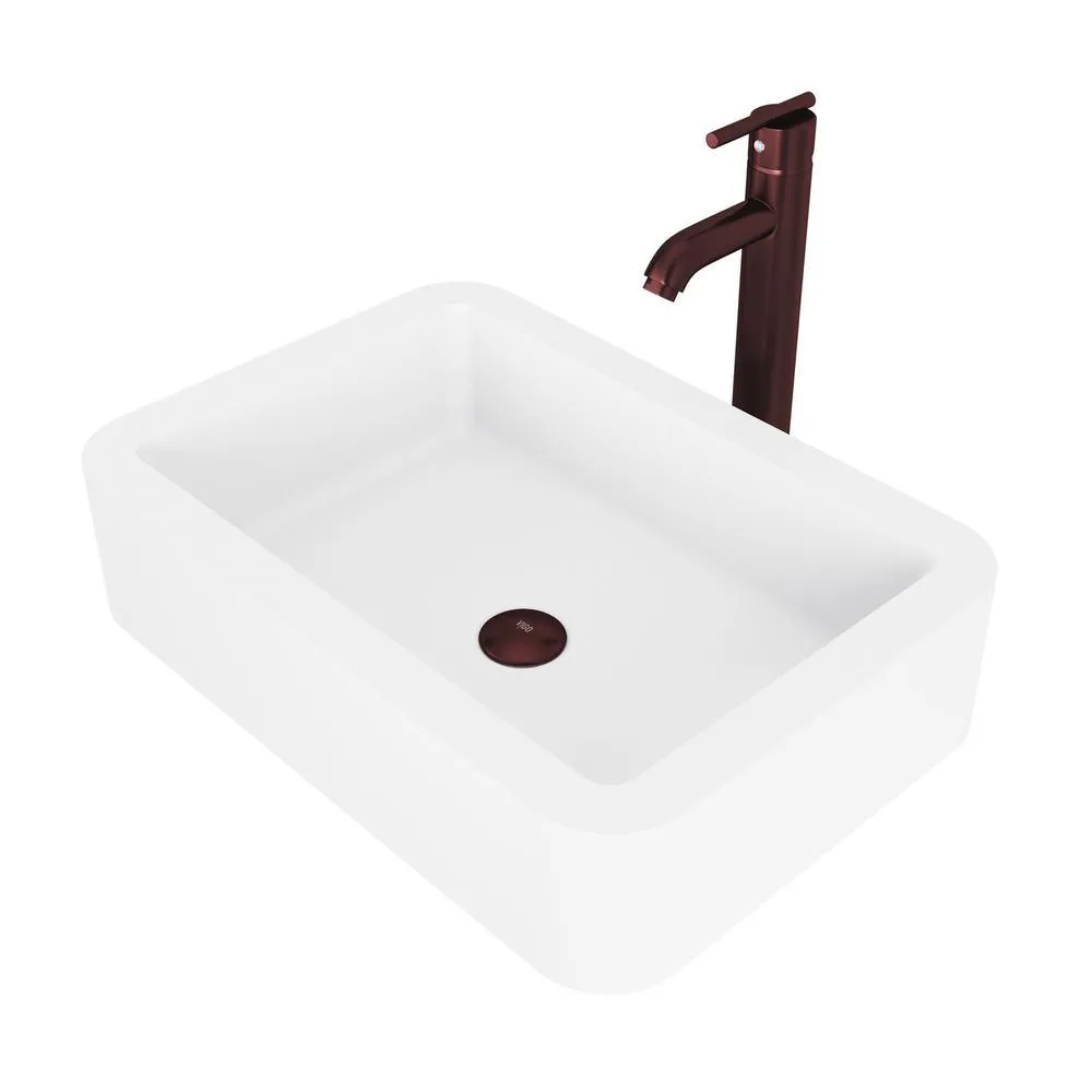 VIGO White Petunia Matte Stone Vessel Bathroom Sink and Seville Bathroom Vessel Faucet in Oil Rubbed Bronze, photo 3 of 14