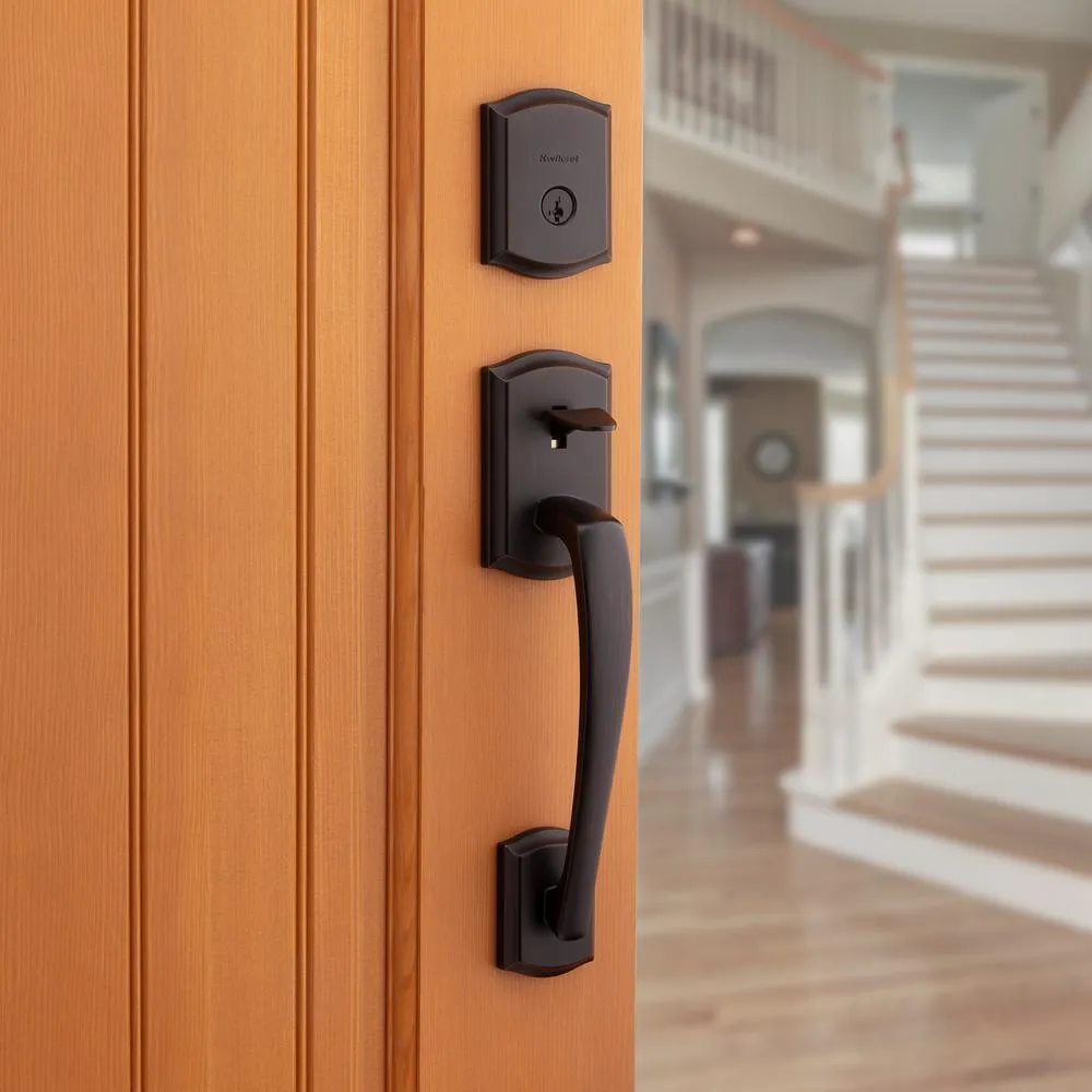 Prescott Venetian Bronze Single Cylinder Entry Door Handleset with Tustin Lever Featuring SmartKey Security, photo 2 of 6