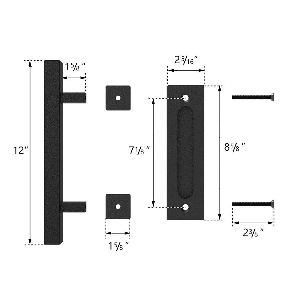 Boyel Living 12 in. Black Square Pull and Flush Sliding Barn Door Handle Set, photo 3 of 7