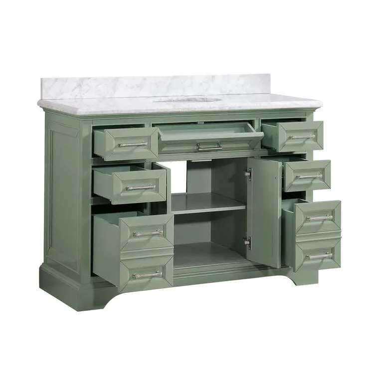 Windlowe 49 in. W x 22 in. D x 35 in. H Bath Vanity in Green with Carrera Marble Vanity Top in White with White Sink, photo 9 of 17