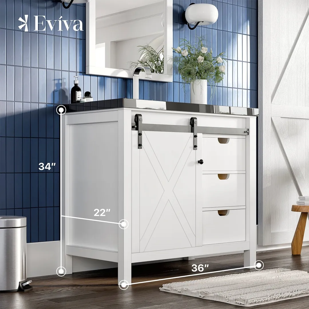 Eviva Dallas 36 in. W x 22 in. D x 34 in. H Bath Vanity in White with Black Granite Top and Black Sink, photo 2 of 7