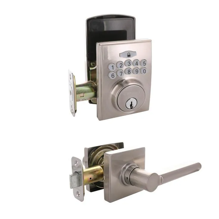 Defiant Square Satin Nickel Electronic Keypad Single Cylinder Deadbolt with Tonbridge Hall and Closet Door Lever Combo Pack, photo 2 of 9