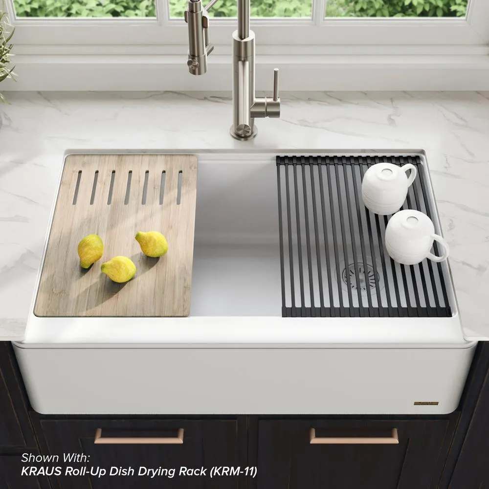 Bellucci 33in. CeramTek Granite/Quartz Composite Farmhouse ApronFront Single Bowl Kitchen Sink w/ Cutting Board in White, photo 3 of 16