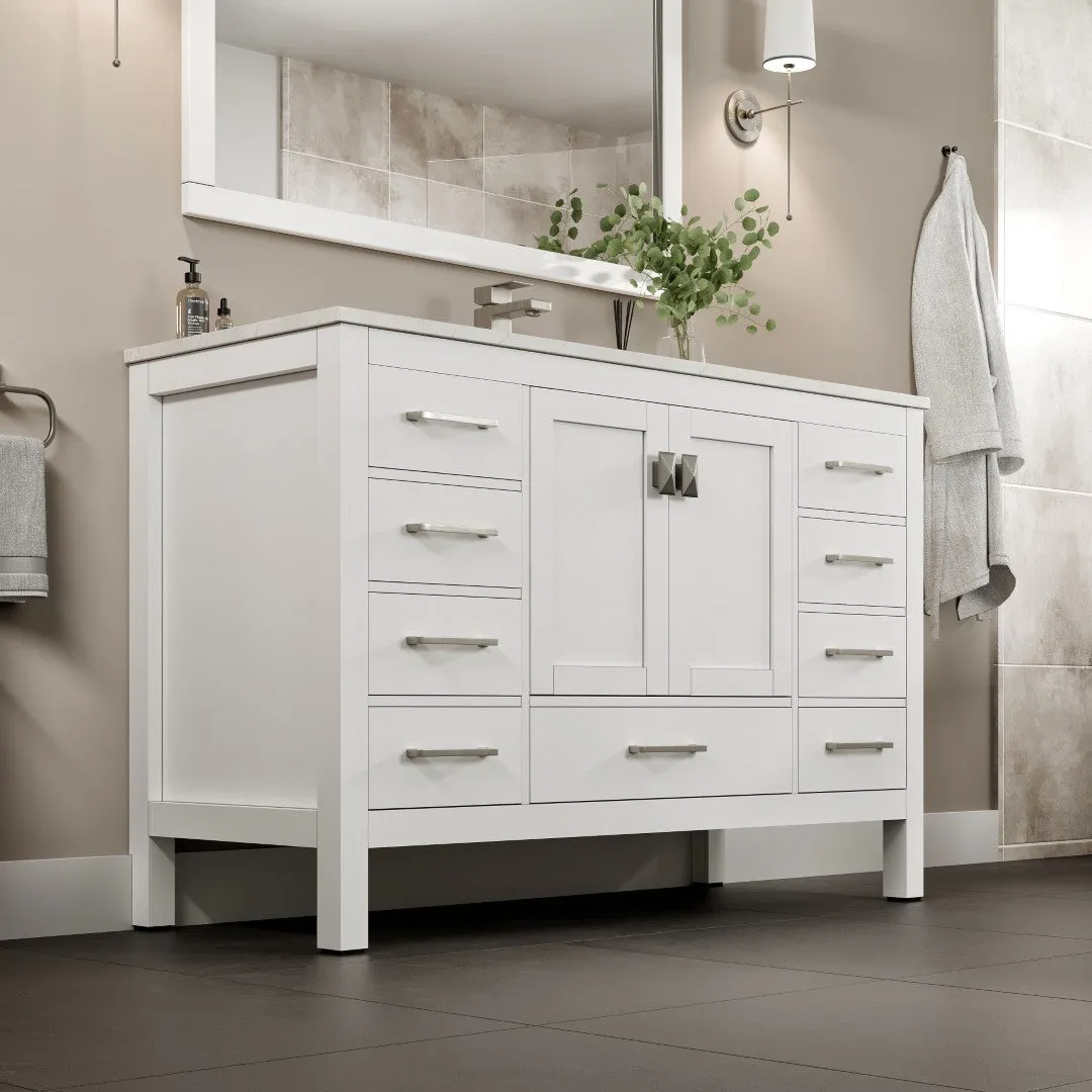Eviva London 54 in. W x 18 in. D x 34 in. H Bathroom Vanity in White with White Carrara Marble/Quartz Top and White Sink, photo 3 of 7
