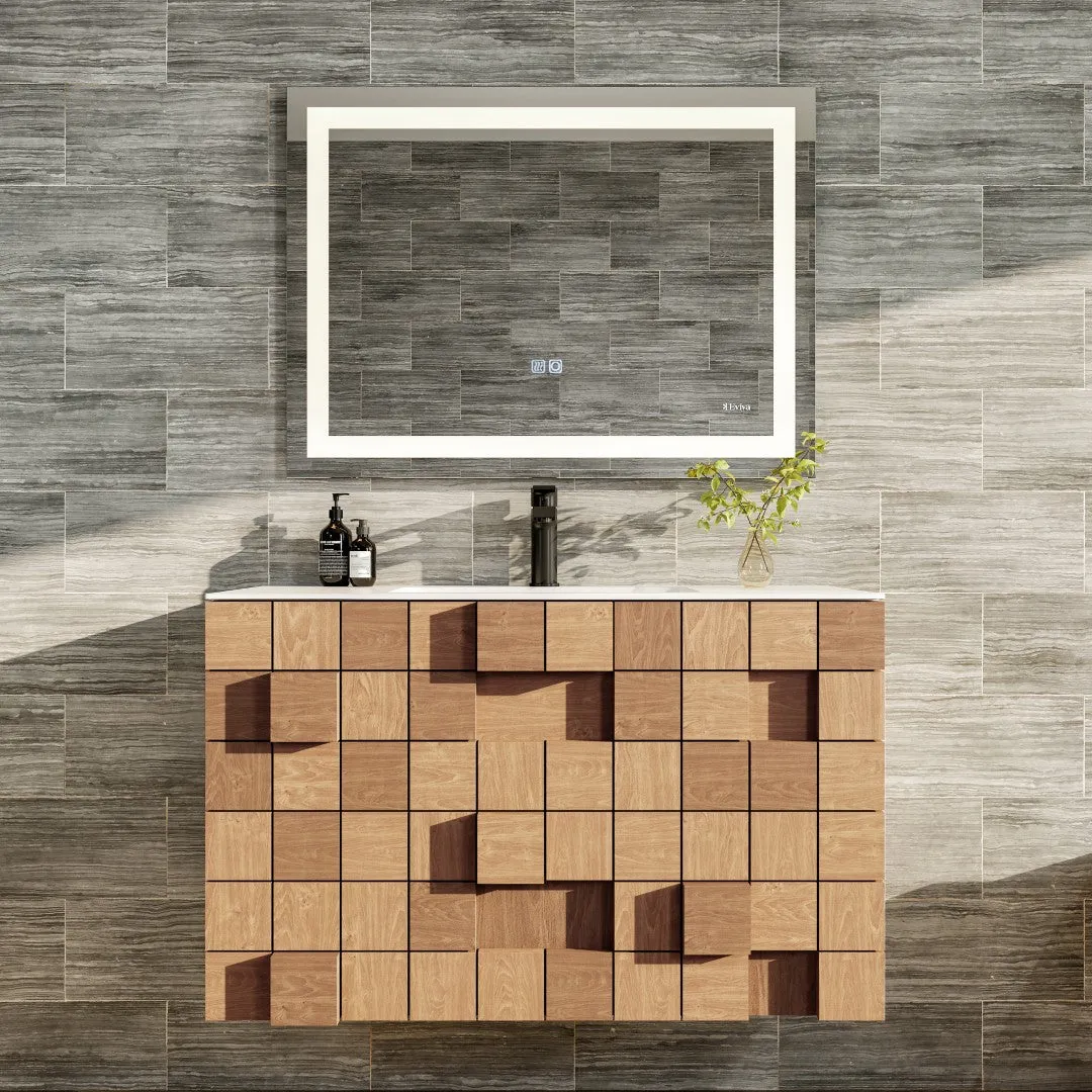 Eviva Mosaic 33"W x 20"D Natural Oak Wall Mount Bathroom Vanity with White Solid Surface Countertop and Integrated Sink, photo 2 of 7