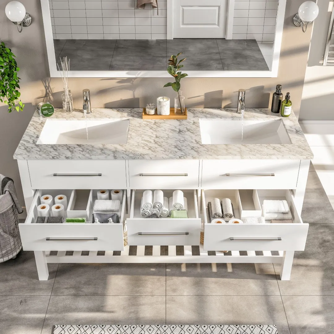 Eviva Natalie 60"W x 22"D Gray Double Sink Bathroom Vanity with White Carrara Marble Countertop and Undermount Porcelain Sinks, photo 5 of 7