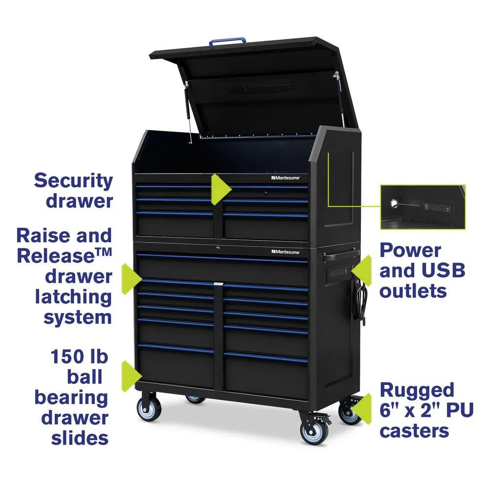 24 in. x 46 in. 17-Drawer Tool Chest and Cabinet Combo with Power and USB Outlets in Black and Blue, photo 2 of 15