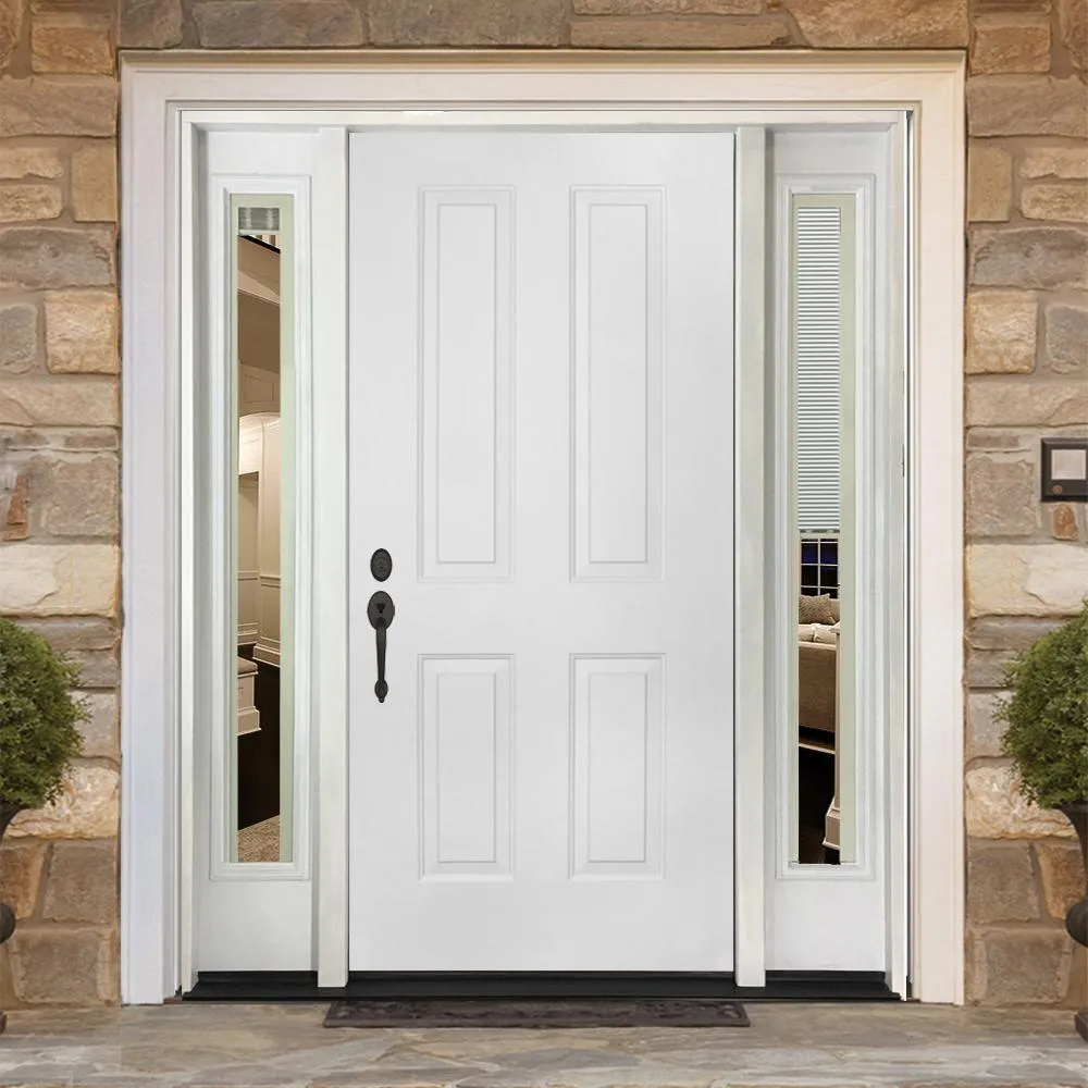 Steves & Sons 64 in. x 80 in. 4-Panel Primed White Right-Hand Steel Prehung Front Door with 12 in. Mini Blind Sidelites 4 in. Wall, photo 2 of 8