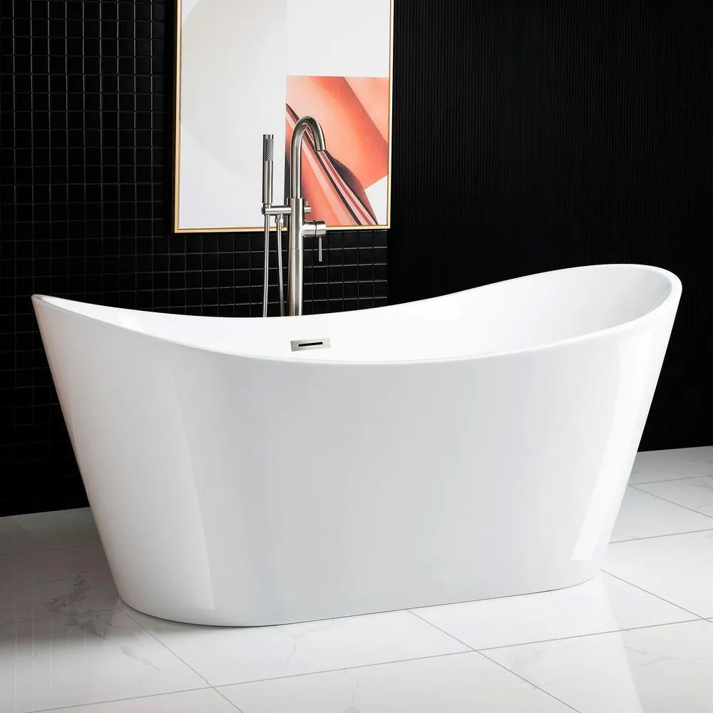 WOODBRIDGE Alacant 67 in. Acrylic Flatbottom Double Slipper White Freestanding Bathtub with Brushed Nickel Faucet, Overflow and Drain, photo 2 of 12