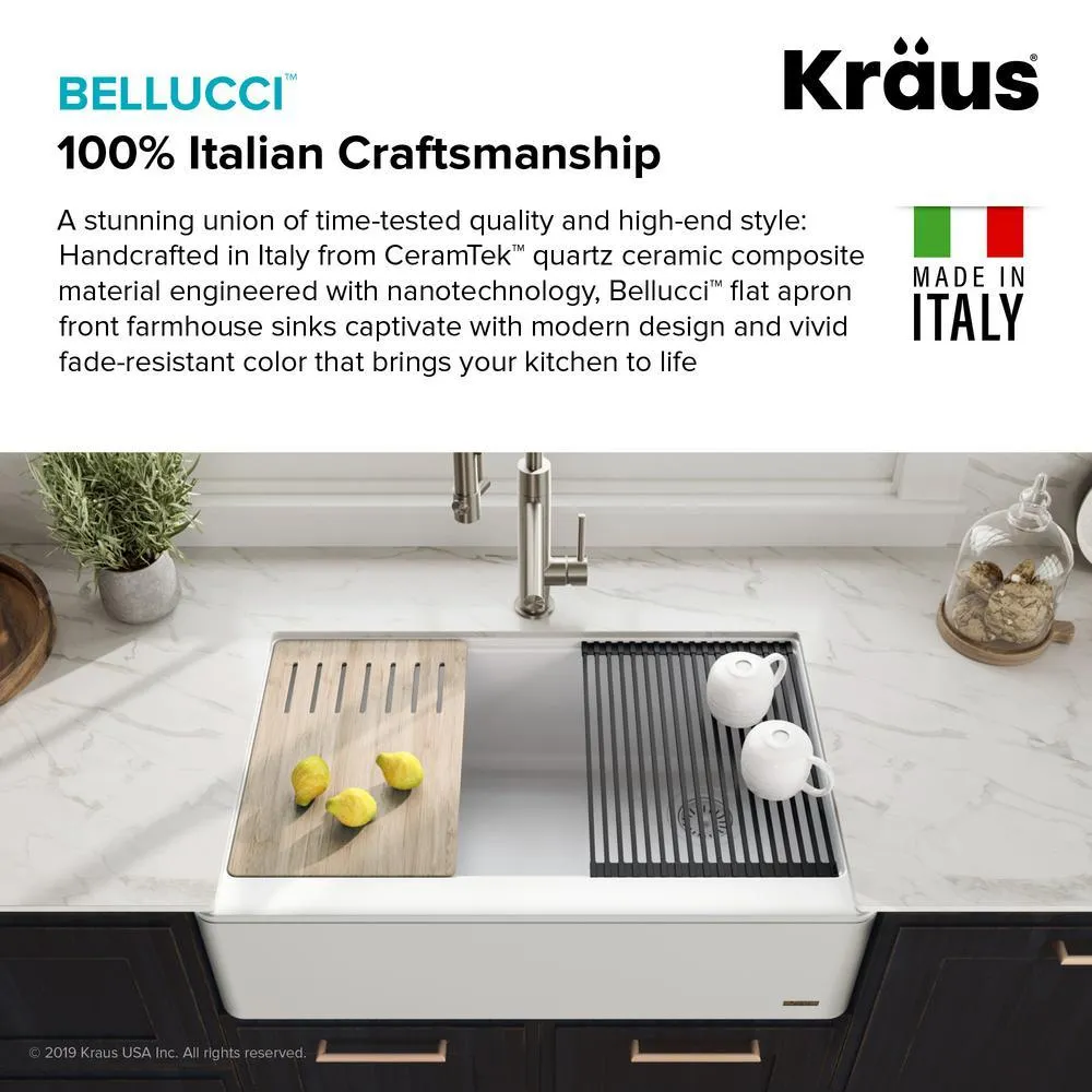 Bellucci 33in. CeramTek Granite/Quartz Composite Farmhouse ApronFront Single Bowl Kitchen Sink w/ Cutting Board in White, photo 9 of 16