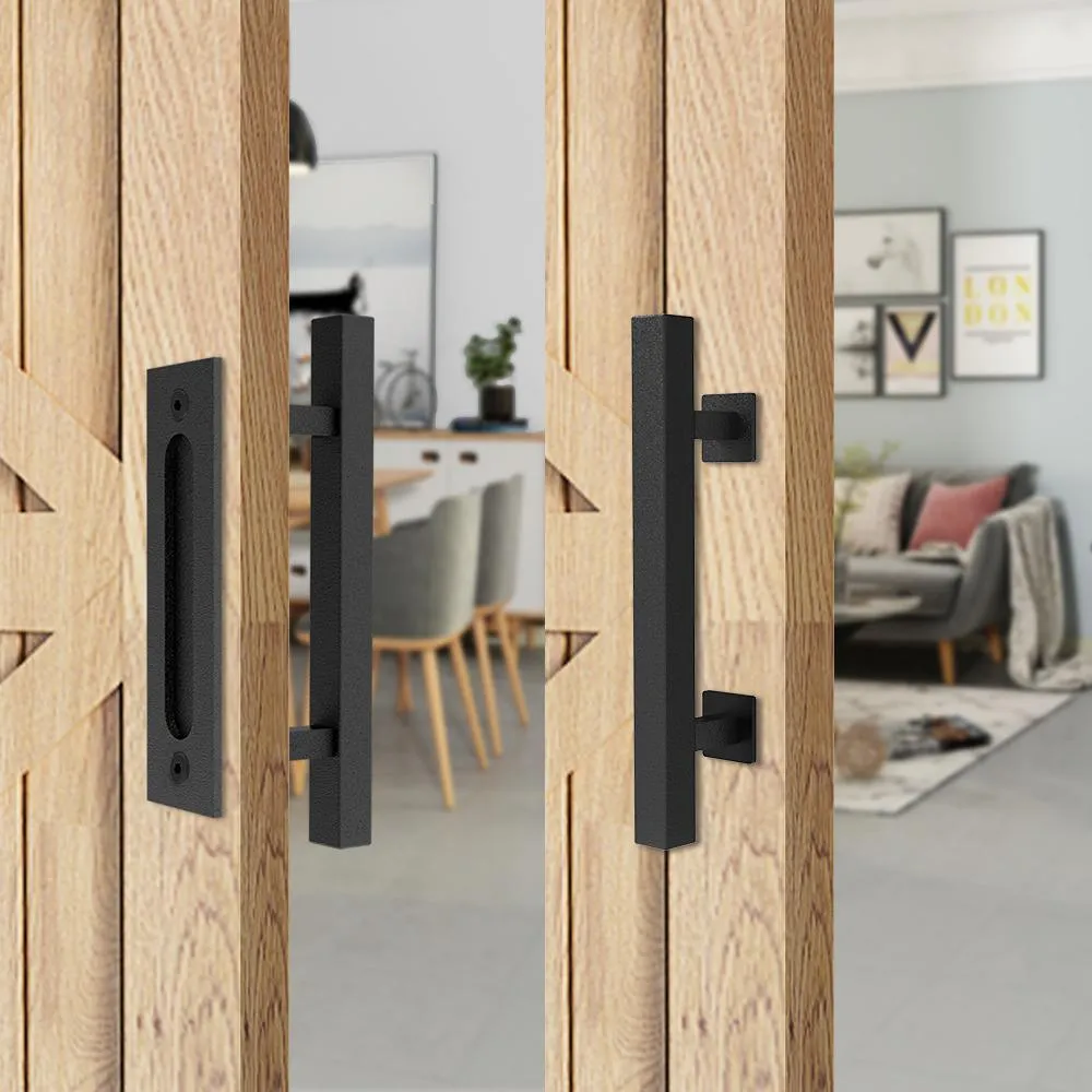 Boyel Living 12 in. Black Square Pull and Flush Sliding Barn Door Handle Set, photo 4 of 7