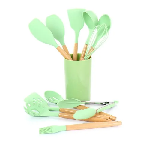 Mint Green Silicone and Wood Cooking Utensils (Set of 12)