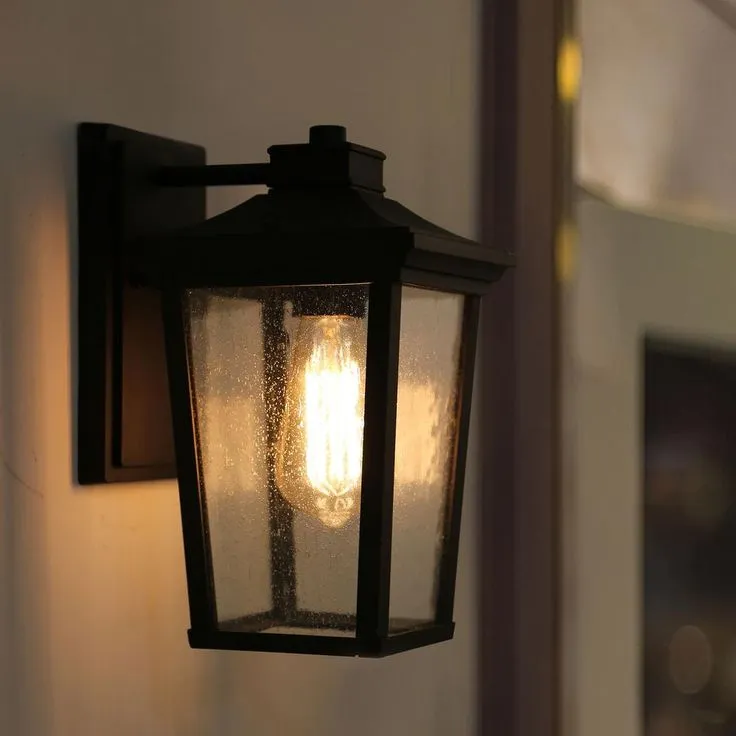 1-Light Black 11 in. H Square Patio LED Decorative Outdoor Metal Caged Wall Lantern Seeded Glass Sconce, photo 2 of 15