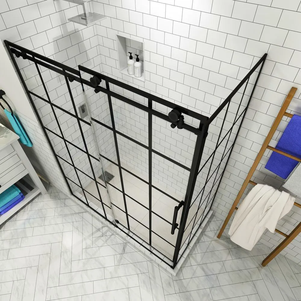 Kamaya 56 in. - 60 in. x 33.875 in. x 76 in. Frameless Sliding Shower Enclosure in Matte Black, Right Open, photo 2 of 7