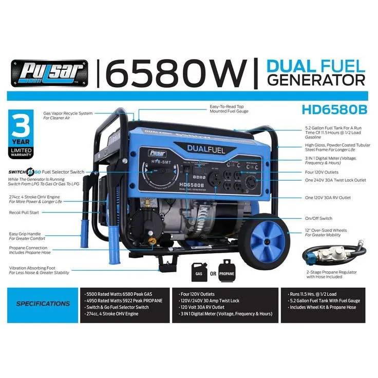 Pulsar 6,580/5,500-Watt Dual Fuel Gasoline/Propane Powered Recoil Start Portable Generator with CARB Compliant 274 cc Engine, photo 8 of 10