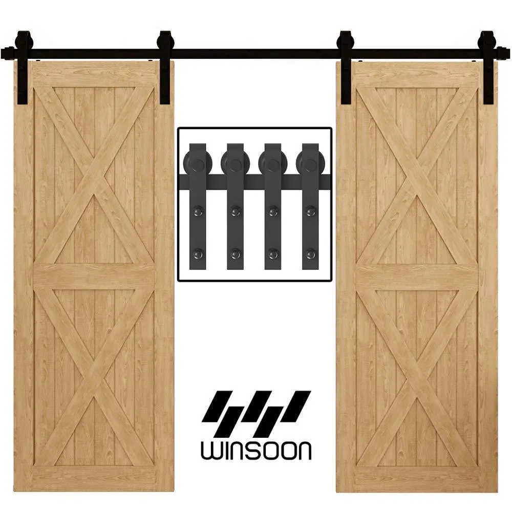 WINSOON 11 ft./132 in. Frosted Black Sliding Barn Door Hardware Track Kit for Double Doors with Non-Routed Floor Guide, photo 2 of 7