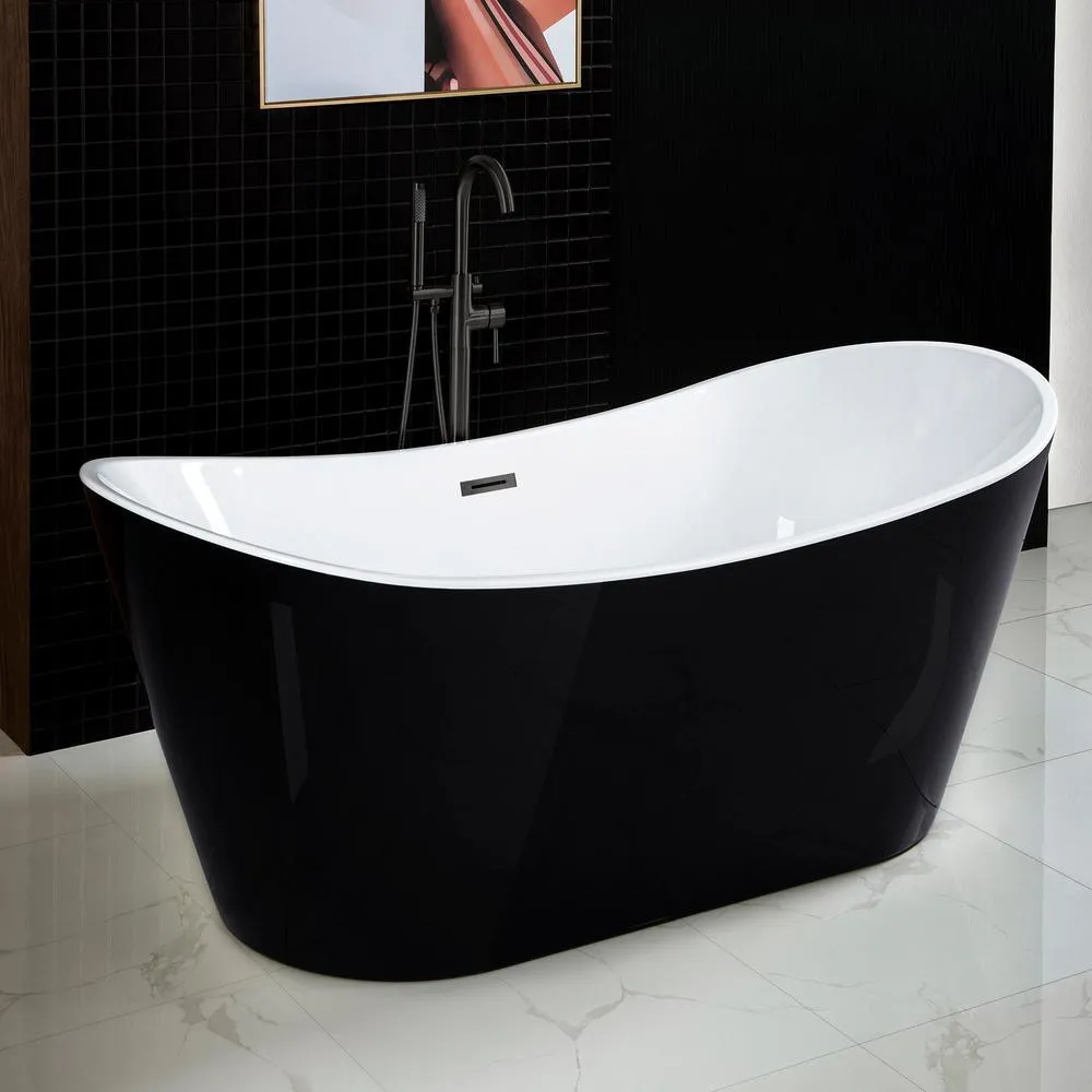 WOODBRIDGE Rolande 67 in. Acrylic Freestanding Double Slipper Soaking Bathtub with Center Drain and Overflow, Black, photo 4 of 7