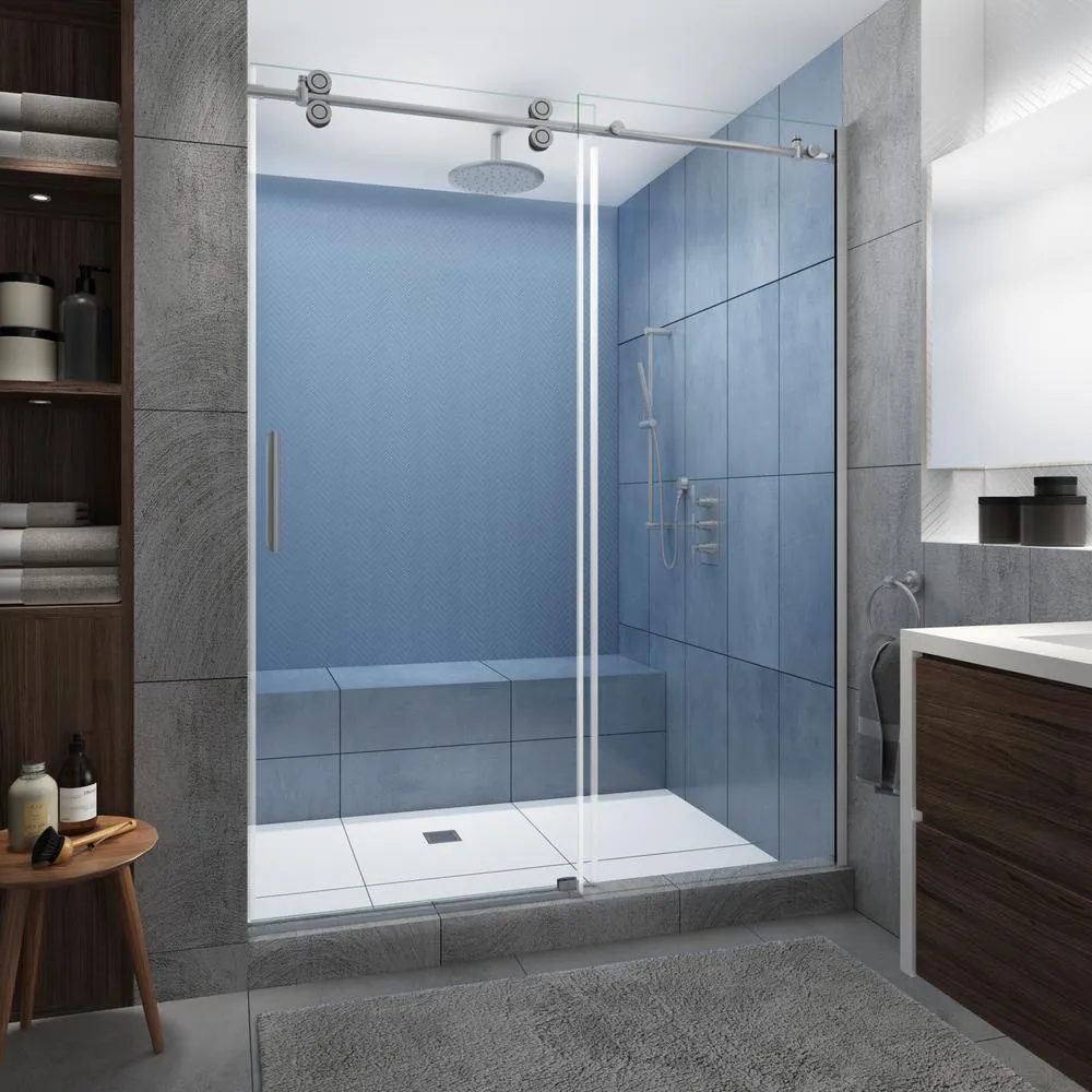 Langham XL 56 - 60 in. x 80 in. Frameless Sliding Shower Door with StarCast Clear Glass in Stainless Steel, Right Hand, photo 8 of 23