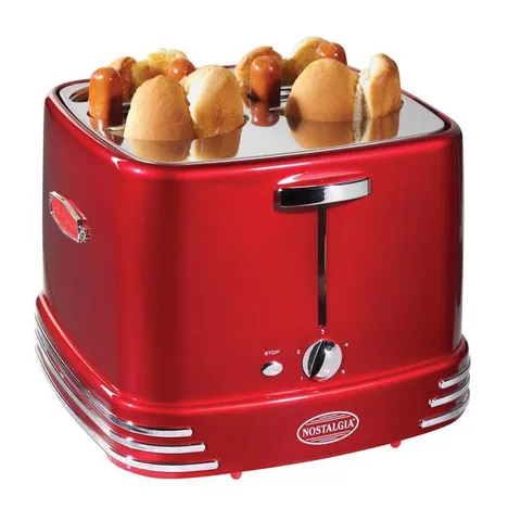 Retro Series 4-Slice Red Hot Dog and Bun Toaster with Crumb Tray and Mini Tongs