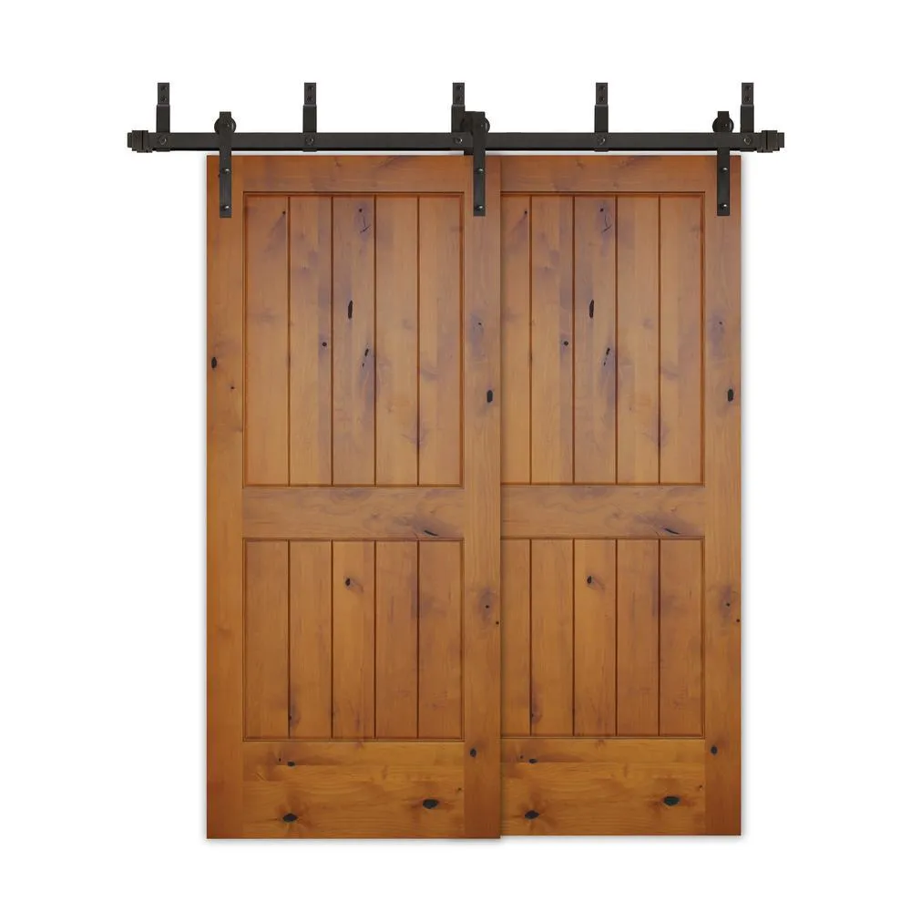 Pacific Entries 48in.x80in.Bypass Rustic Pref 2-PNL V-Groove Solid Core Knotty Alder Wood Sliding Barn Door with Bronze HardwareKit, photo 6 of 6