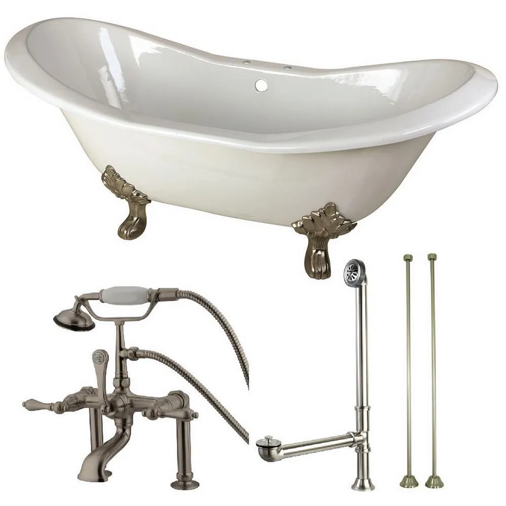 Double Slipper 72 in. Cast Iron Clawfoot Bathtub in White and Faucet Combo in Oil Rubbed Bronze, photo 4 of 5