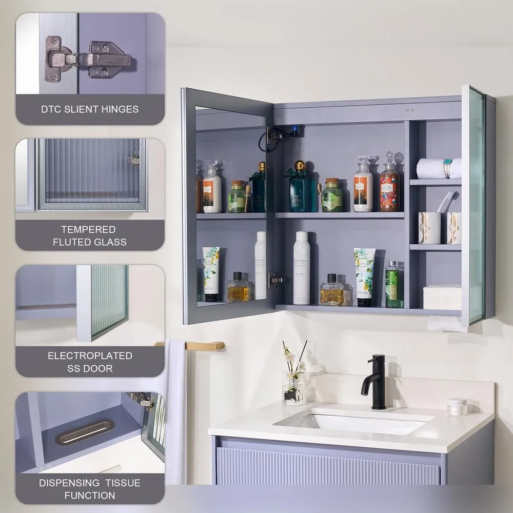 WELLFOR 30 in. W x 28 in. H Rectangular Dimmable Anti-Fog LED Wood Surface Mount Medicine Cabinet with Mirror in Lavender, photo 5 of 14