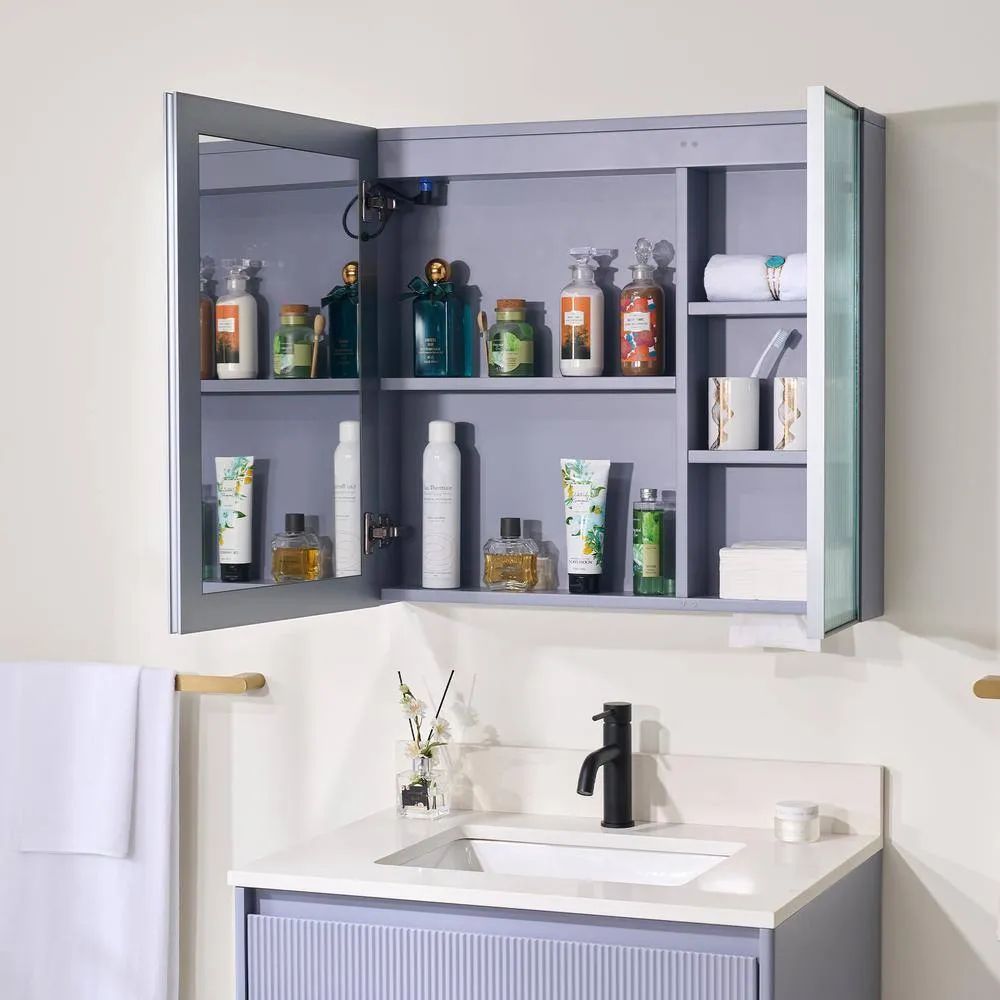 WELLFOR 30 in. W x 28 in. H Rectangular Dimmable Anti-Fog LED Wood Surface Mount Medicine Cabinet with Mirror in Lavender, photo 10 of 14