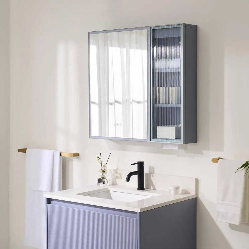 WELLFOR 30 in. W x 28 in. H Rectangular Dimmable Anti-Fog LED Wood Surface Mount Medicine Cabinet with Mirror in Lavender, photo 14 of 14