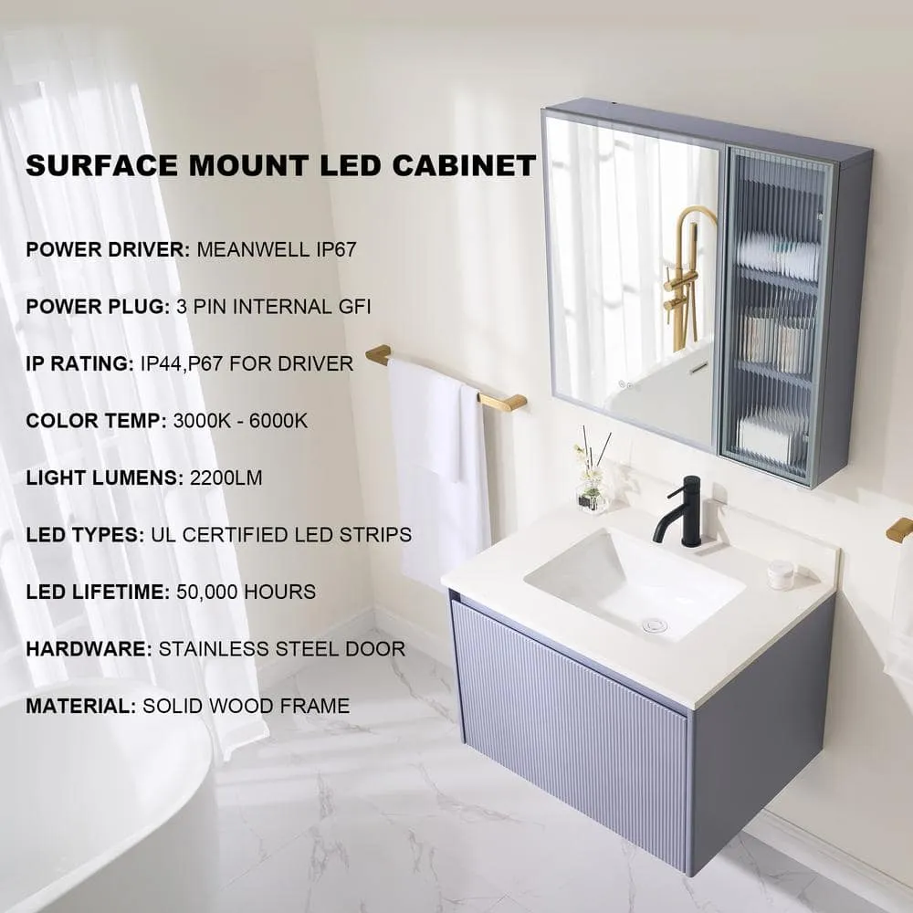 WELLFOR 30 in. W x 28 in. H Rectangular Dimmable Anti-Fog LED Wood Surface Mount Medicine Cabinet with Mirror in Lavender, photo 3 of 14