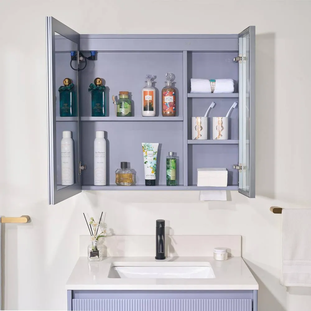 WELLFOR 30 in. W x 28 in. H Rectangular Dimmable Anti-Fog LED Wood Surface Mount Medicine Cabinet with Mirror in Lavender, photo 9 of 14