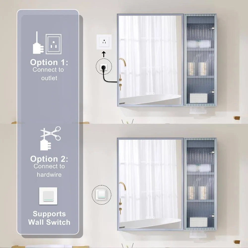 WELLFOR 30 in. W x 28 in. H Rectangular Dimmable Anti-Fog LED Wood Surface Mount Medicine Cabinet with Mirror in Lavender, photo 6 of 14