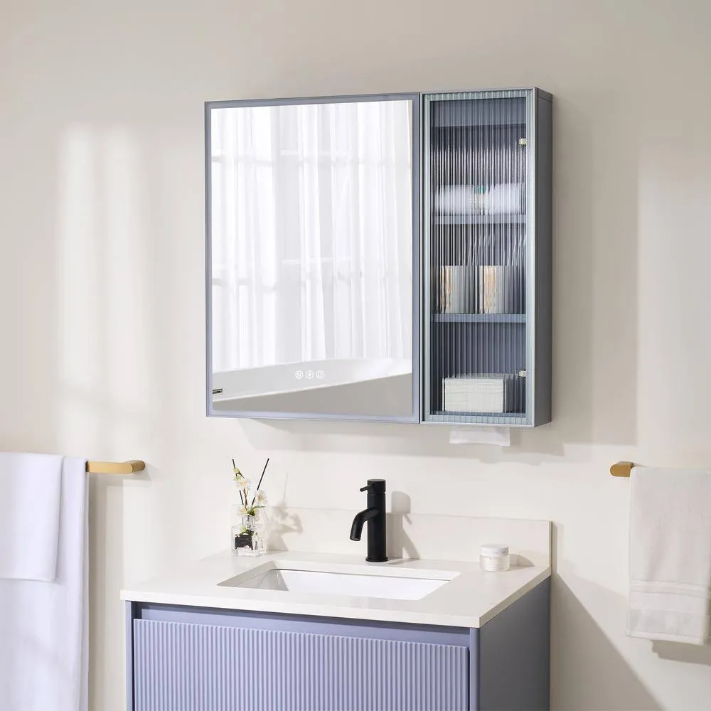 WELLFOR 30 in. W x 28 in. H Rectangular Dimmable Anti-Fog LED Wood Surface Mount Medicine Cabinet with Mirror in Lavender, photo 8 of 14
