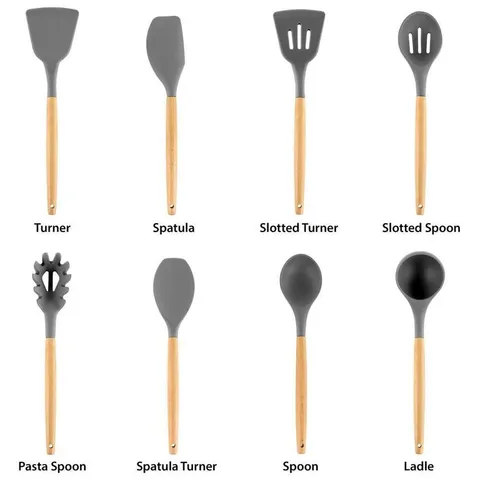 Gray Silicone and Wood Cooking Utensils (Set of 9)