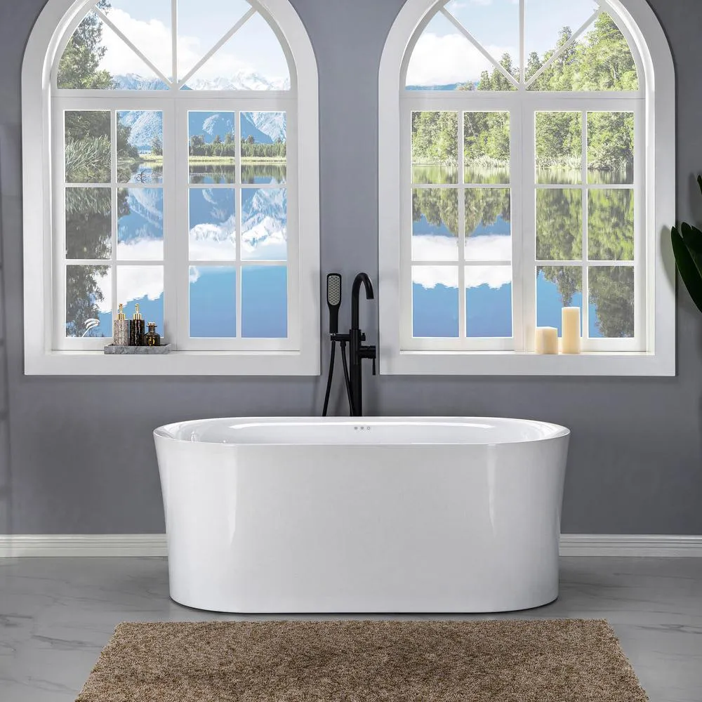 WOODBRIDGE Tion 59 in. Acrylic Freestanding Double-Ended Air Bath Bathtub with Chrome Drain and Overflow, White, photo 7 of 18