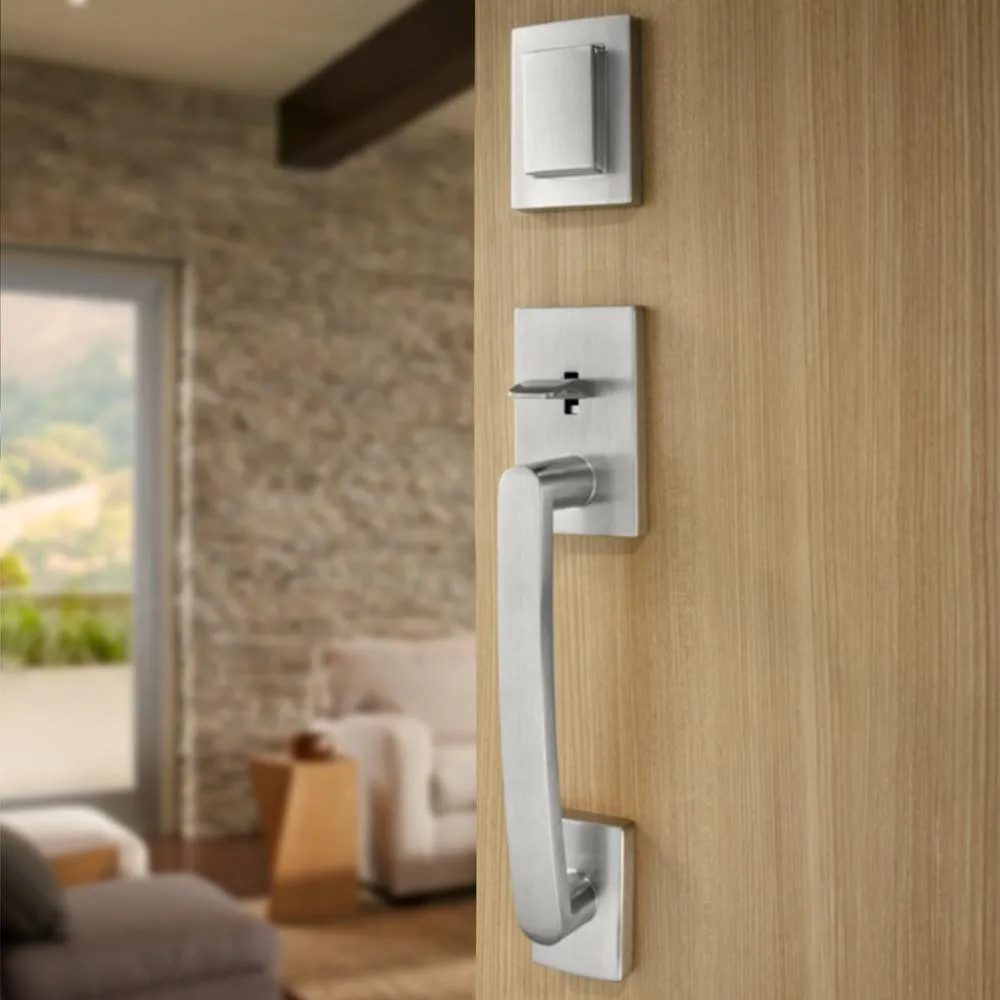 Prestige Spyglass Single Cylinder Satin Nickel Door Handleset with Square Spyglass Door Lever Feat SmartKey Security, photo 10 of 16