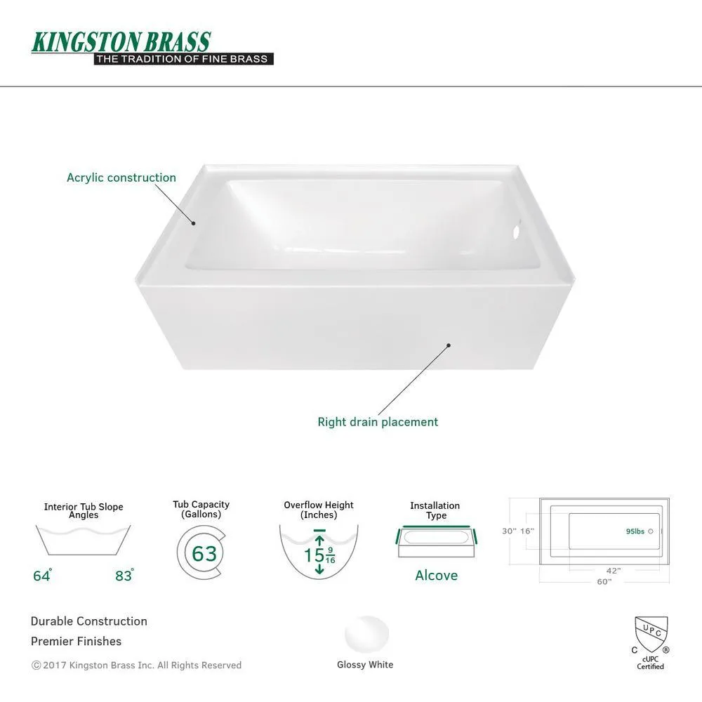 Aqua Eden Contemporary 5 ft. Acrylic Right Hand Drain Rectangular Alcove Non-Whirlpool Bathtub in White, photo 4 of 5