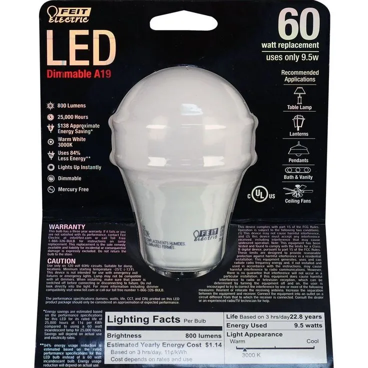 Feit Electric 60W Equivalent Warm White (3000K) A19 Dimmable LED Energy Star Light Bulb (12-Pack), photo 4 of 5