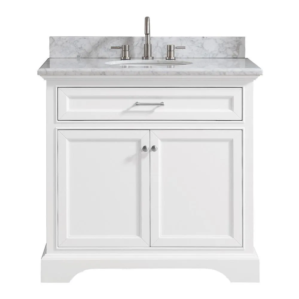 Windlowe 25 in. W x 22 in. D x 35 in. H Bath Vanity in White with Carrera Marble Vanity Top in White with White Sink, photo 13 of 21