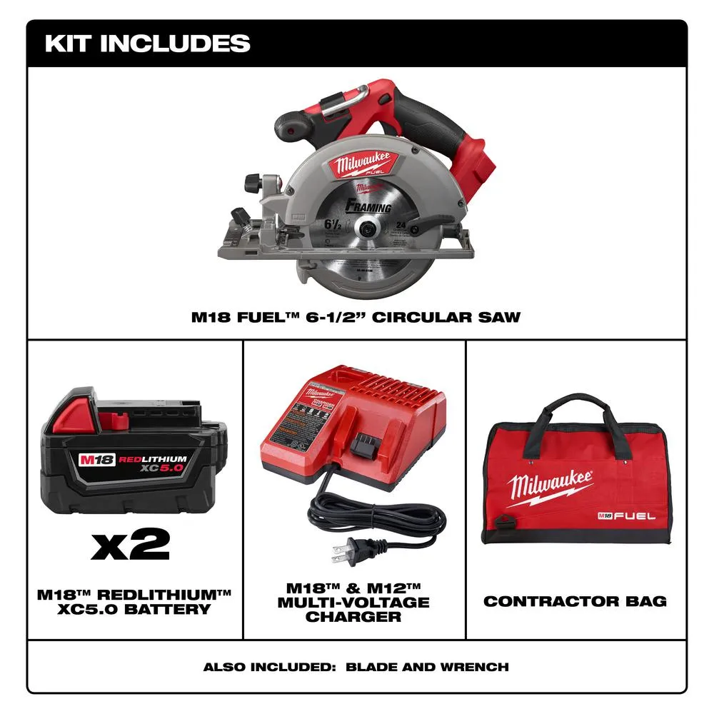 Milwaukee M18 FUEL 18-Volt Lithium-Ion Brushless Cordless 6-1/2 in. Circular Saw Kit w/ (2) 5.0Ah Batteries, Charger, Tool Bag, photo 2 of 3