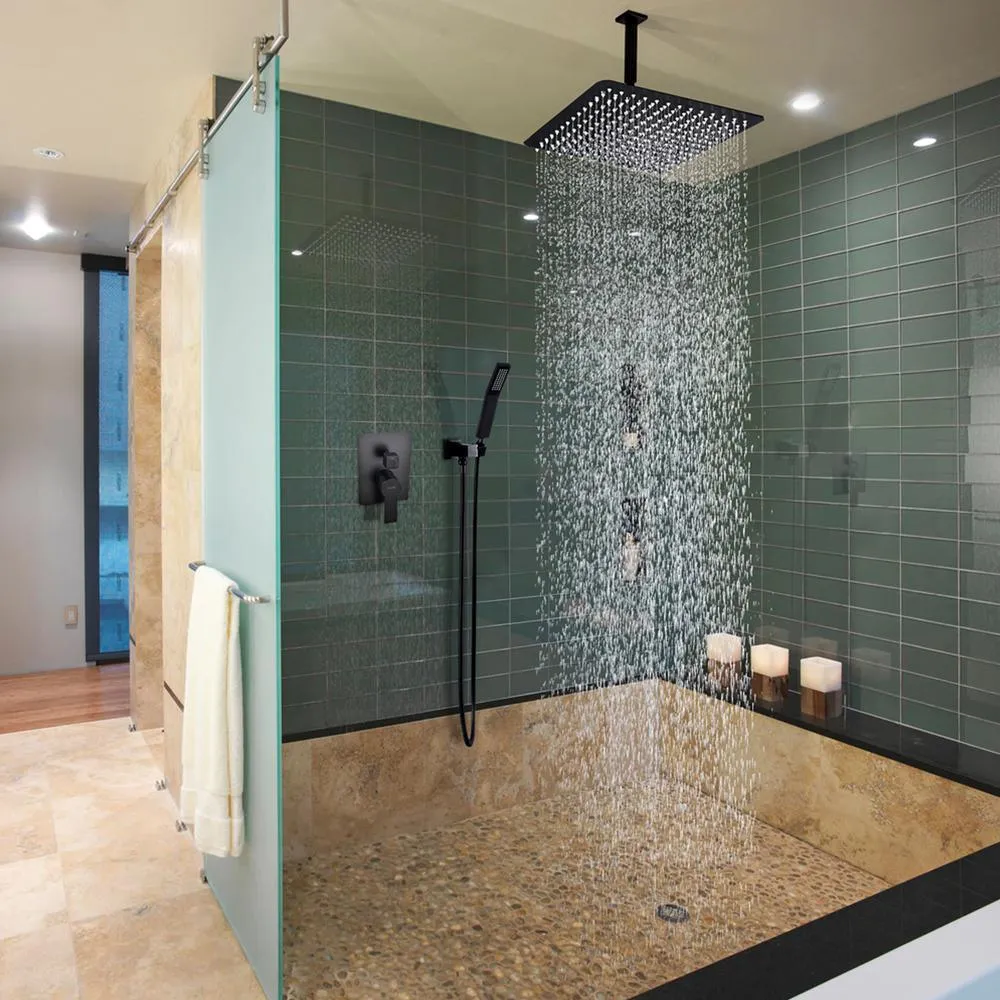 1-Spray Patterns with 2.38 GPM 12 in. Ceiling Mount Dual Shower Heads with Rough-In Valve Body and Trim in Matte Black, photo 3 of 9