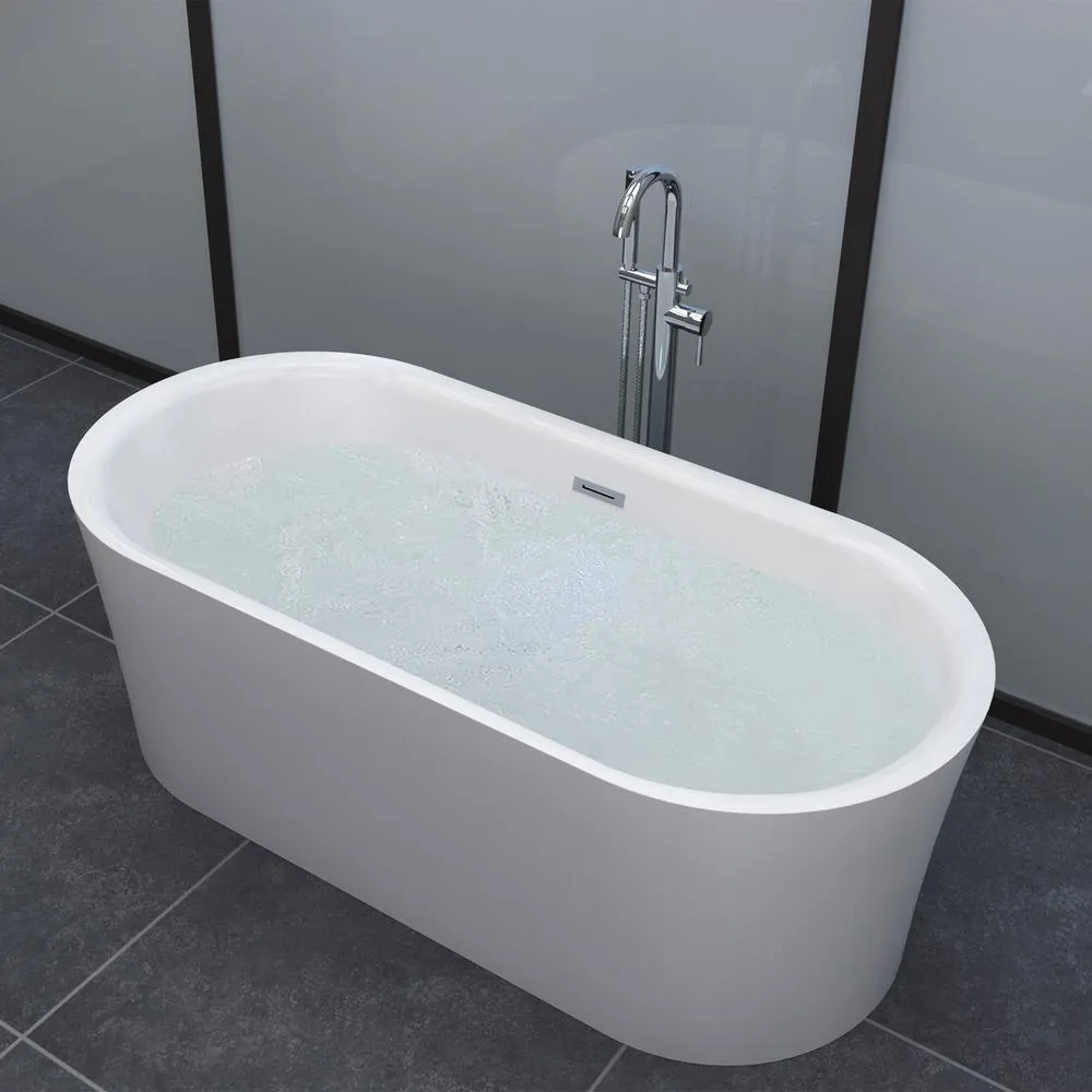 WOODBRIDGE Diana 59 in. Acrylic Freestanding Double-Ended Air Bath Bathtub with Chrome Drain & Overflow, White, photo 3 of 12