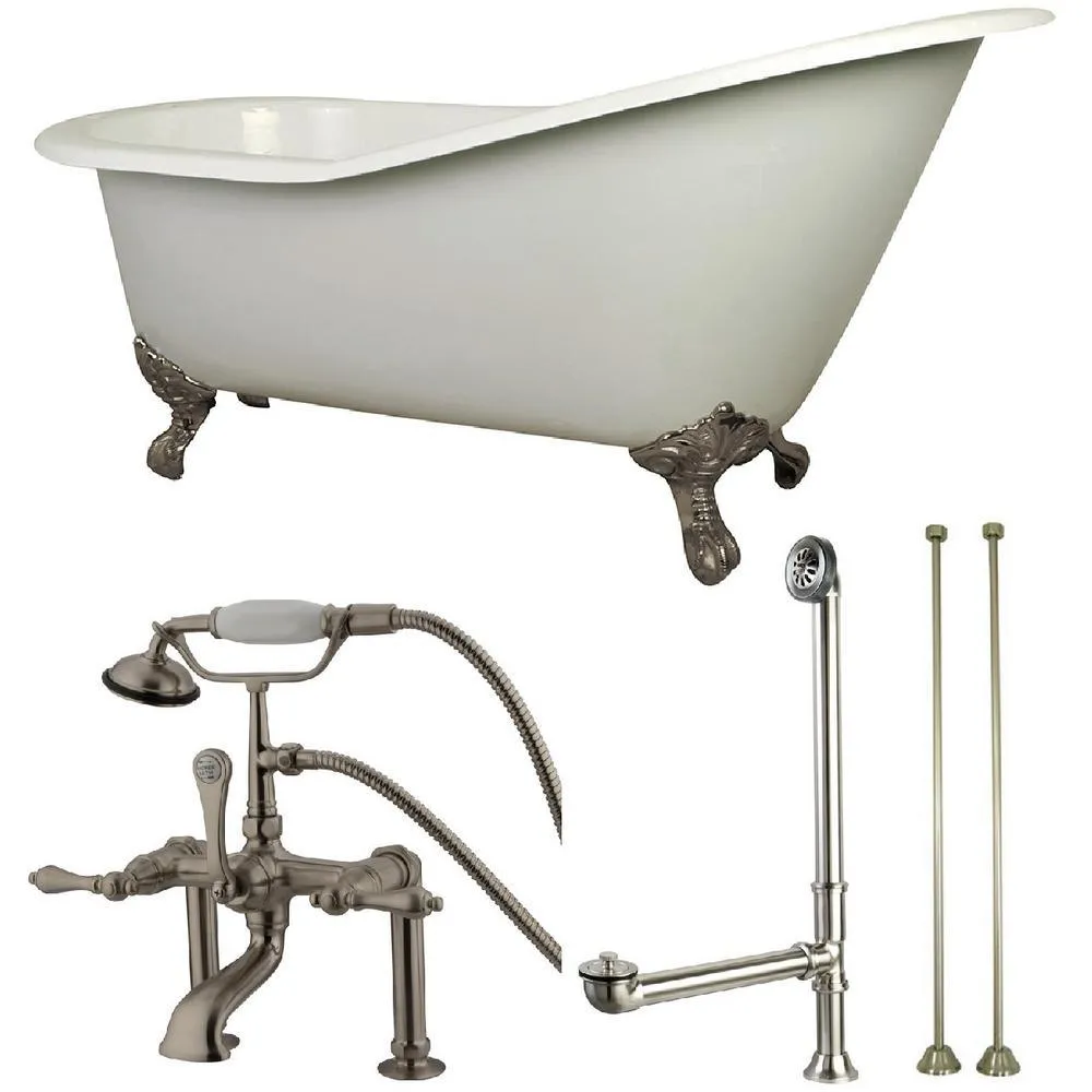 Slipper 62 in. Cast Iron Clawfoot Bathtub in White with Faucet Combo in Polished Brass, photo 5 of 8