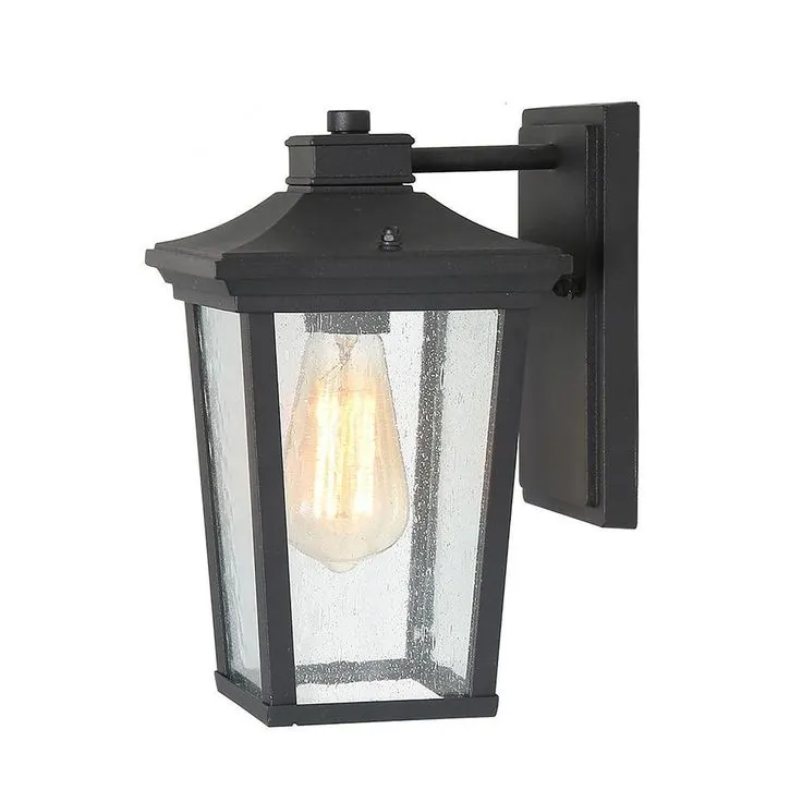 1-Light Black 11 in. H Square Patio LED Decorative Outdoor Metal Caged Wall Lantern Seeded Glass Sconce, photo 10 of 15