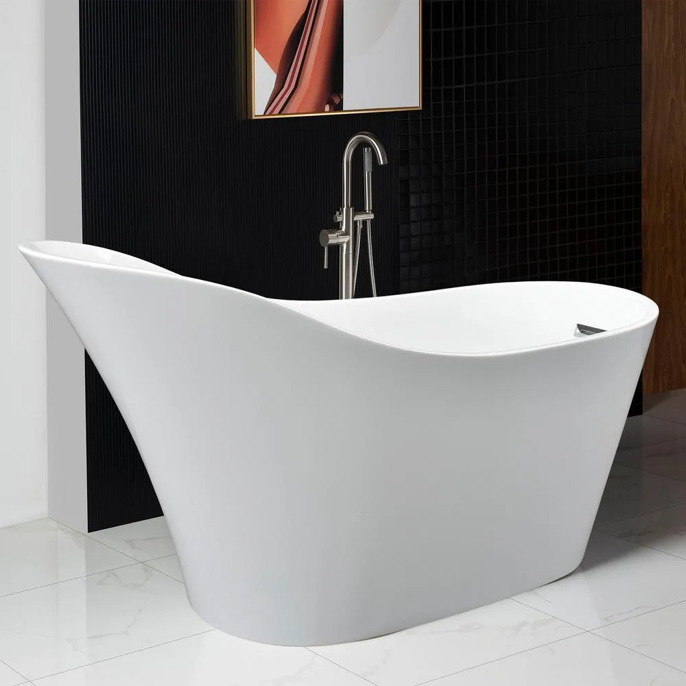 WOODBRIDGE Bradbury 59 in. Acrylic Freestanding Single Slipper Soaking Bathtub with Drain & Overflow Included, White, photo 4 of 16