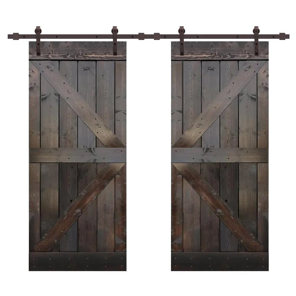 CALHOME Distressed K Series 36 in. x 84 in. White Stained Solid Pine Wood Double Interior Sliding Barn Door with Hardware Kit, photo 6 of 7